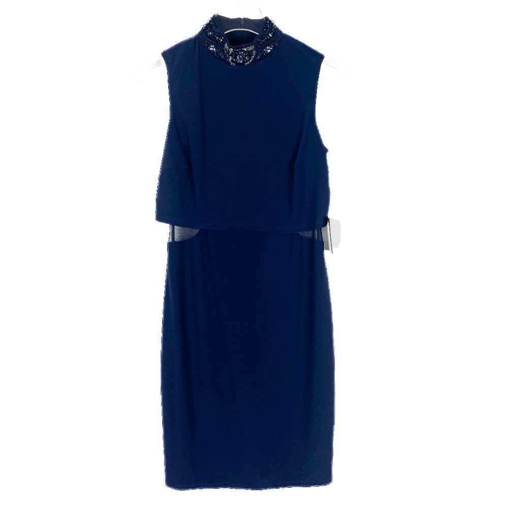NWT Marina Sleeveless Beaded Mock Neck Sheath Dress Navy Blue Size 4 NEW